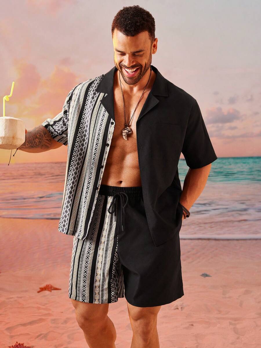 EASEVO Plus Size Men Street Style Loose Woven Vertical Stripe Short Sleeve Shirt And Shorts Set