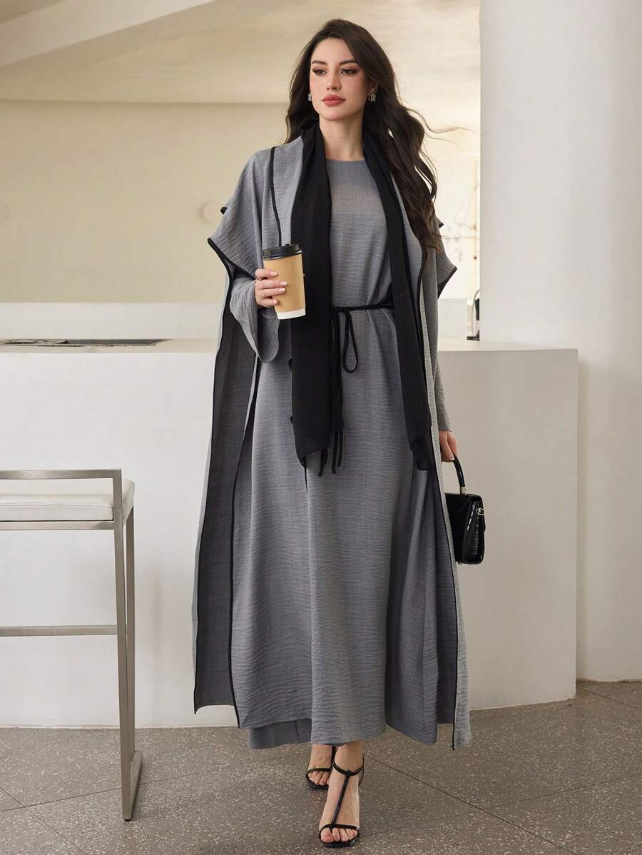 Al Najma 2 pièces/Set Veste à cordon de serrage bicolore + Robe longue à manches longues col rond, Style arabe mode vestimentaire, printemps/été, tenue modeste pour femmes