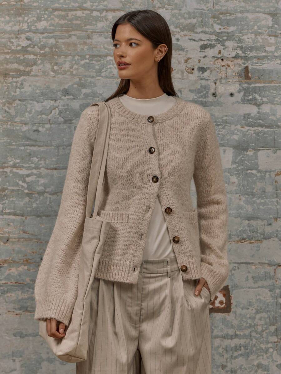 MUSERA Knit Longline Crew Neck Front Pockets Button Up Cardigan