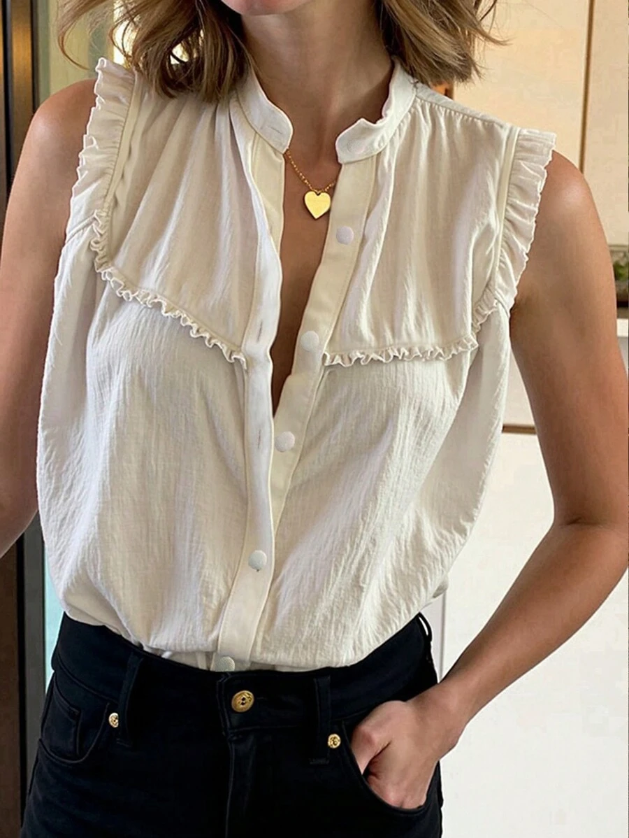 Pariaura Plain Color Ruffle-Trimmed Sleeveless Stand Collar Casual-Formal Shirt