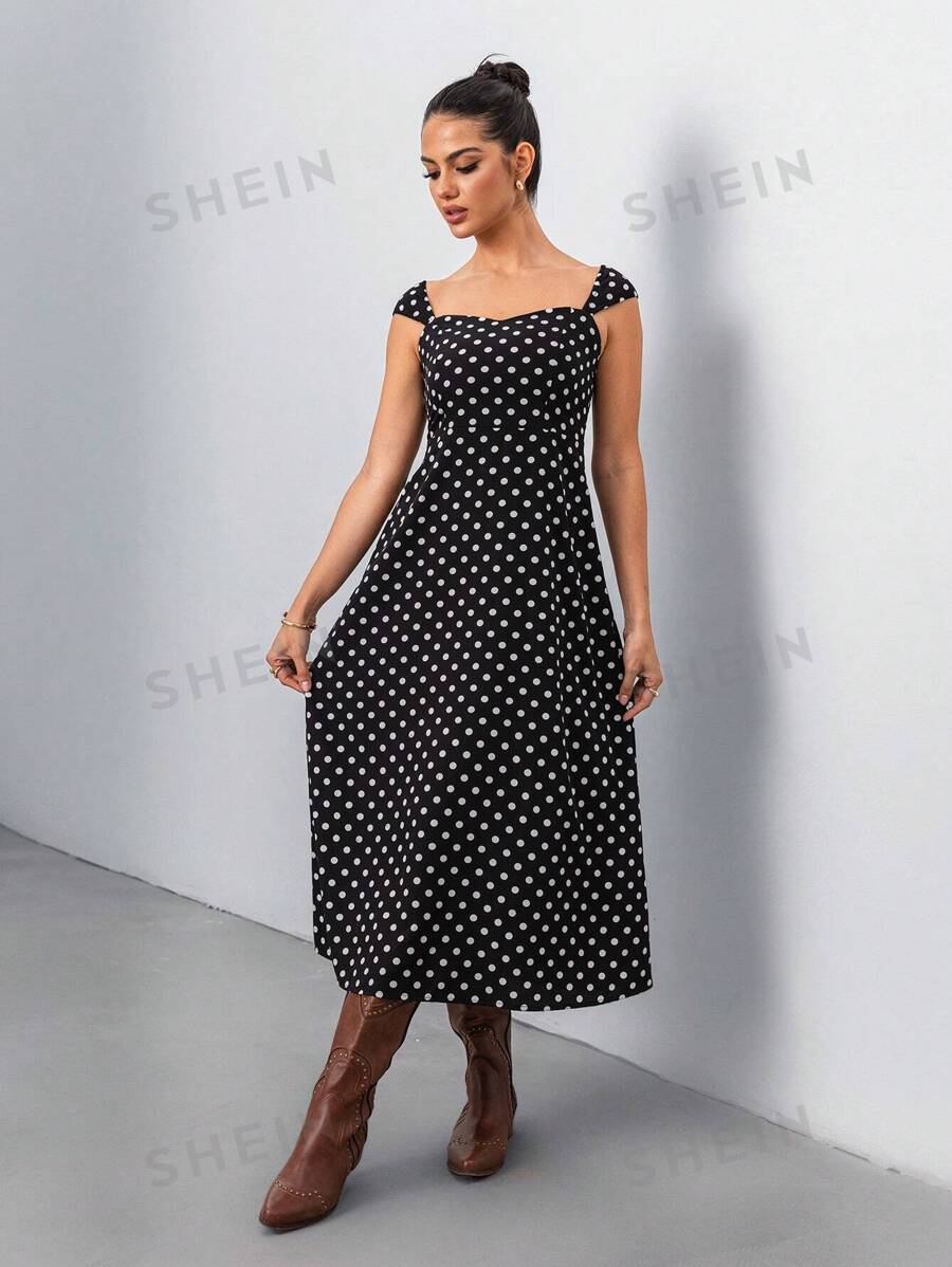 Calvaya Vestido casual minimalista de mujer con estampado de lunares blancos y negros, para primavera/verano