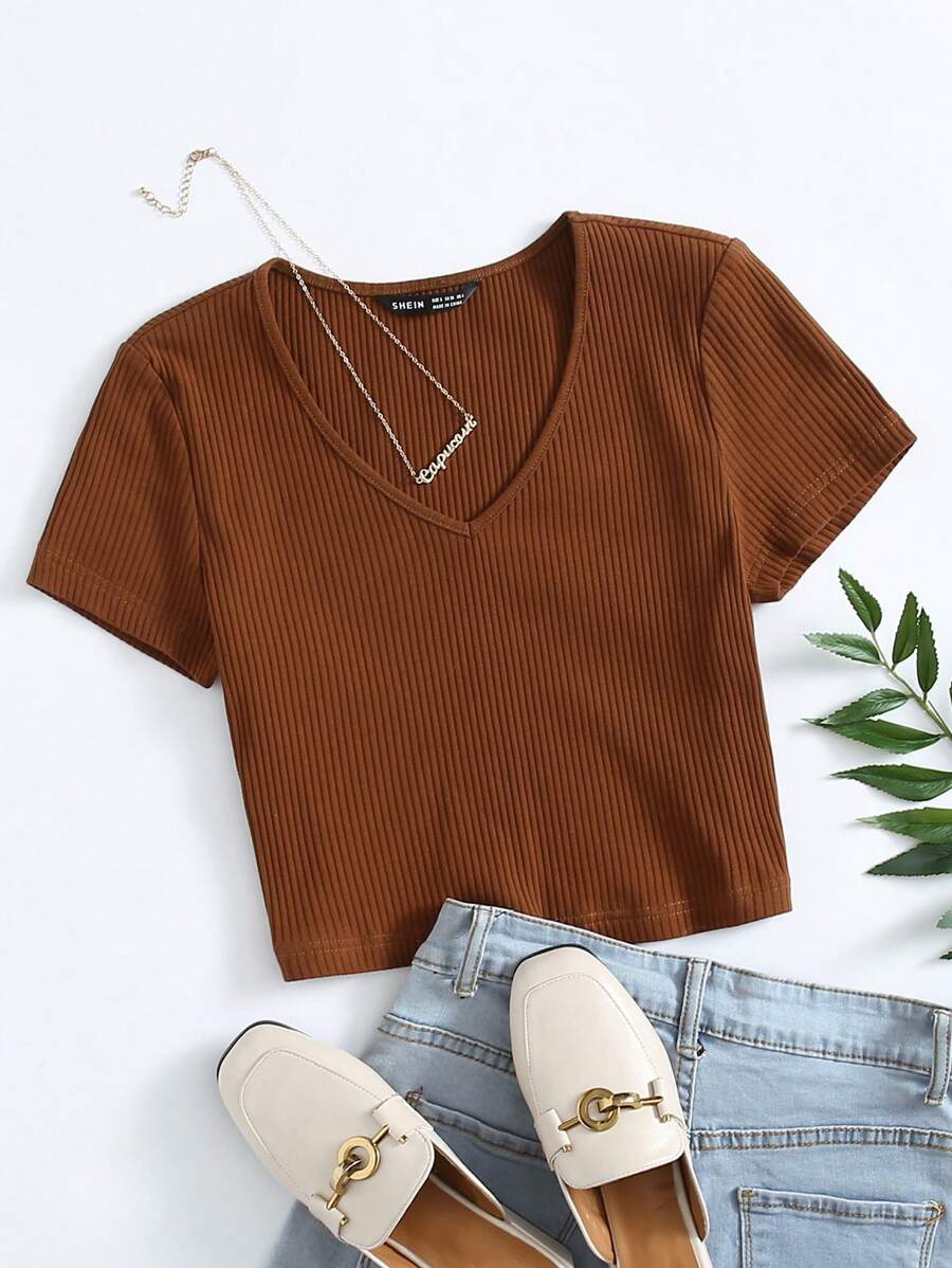 SHEIN EZwear Women's Casual V-Neck Short Sleeve Plain T-Shirt, Summer