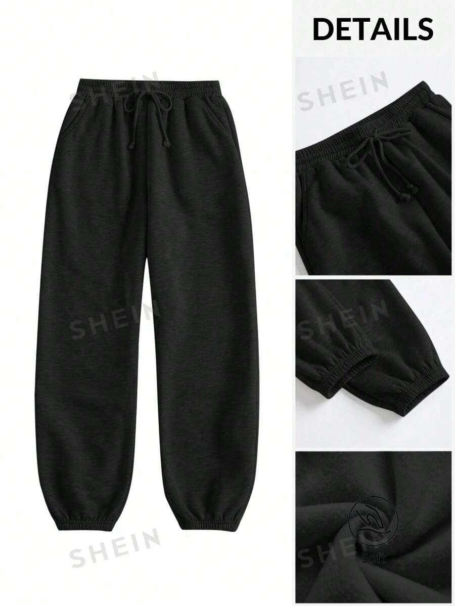 SHEIN BASICS Pantalones largos de punto holgados con bolsillo de unicolor para mujer, estilo deportivo casual