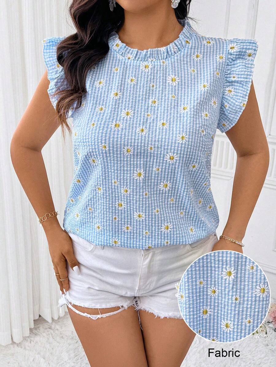Calvaya Plus Size Women's Summer Striped Daisy Print Casual Vacation Cap Sleeve Blouse