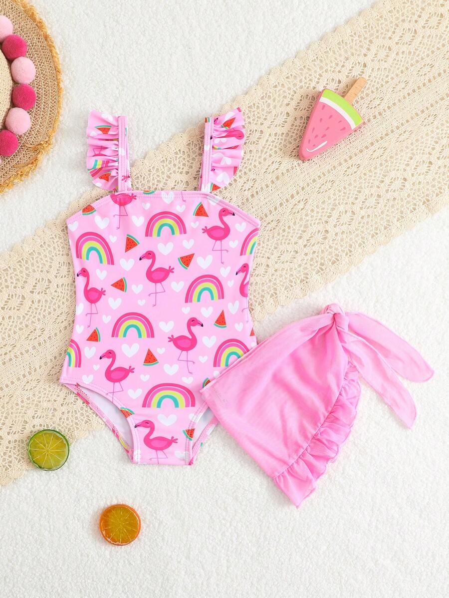 Baby Girl Flamingo Print Ruffles One-Piece Swimsuit With Mesh Skirt