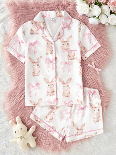 Tween Girls Bowknot & Rabbit Print Silk-Like Fabric Short Sleeve Top & Shorts 2 Pieces Comfy Pajama Set
