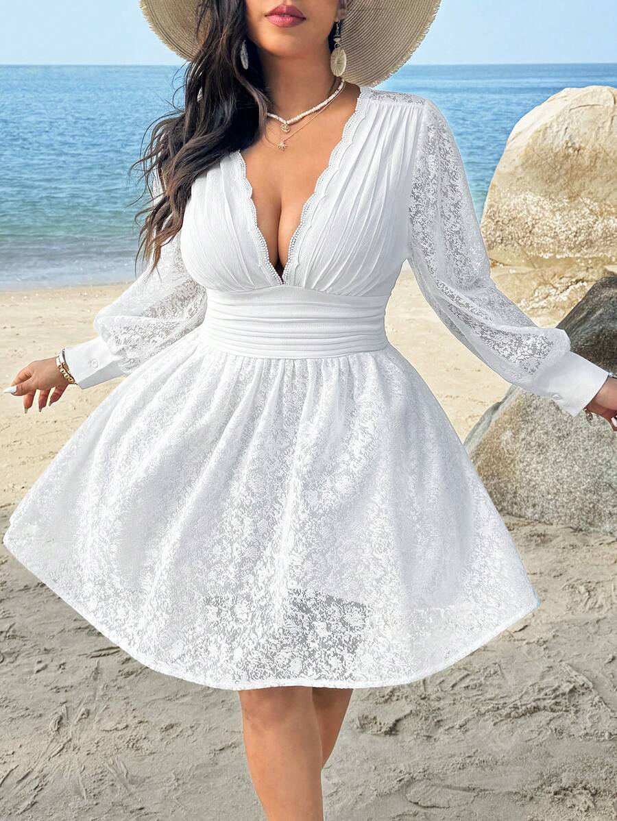 Sunnyshic Plus Size Vrouwen Diepe V-hals Volant Taille Transparante Lange Mouw Mini Kanten Jurk, Geschikt Voor Vakantie En Date