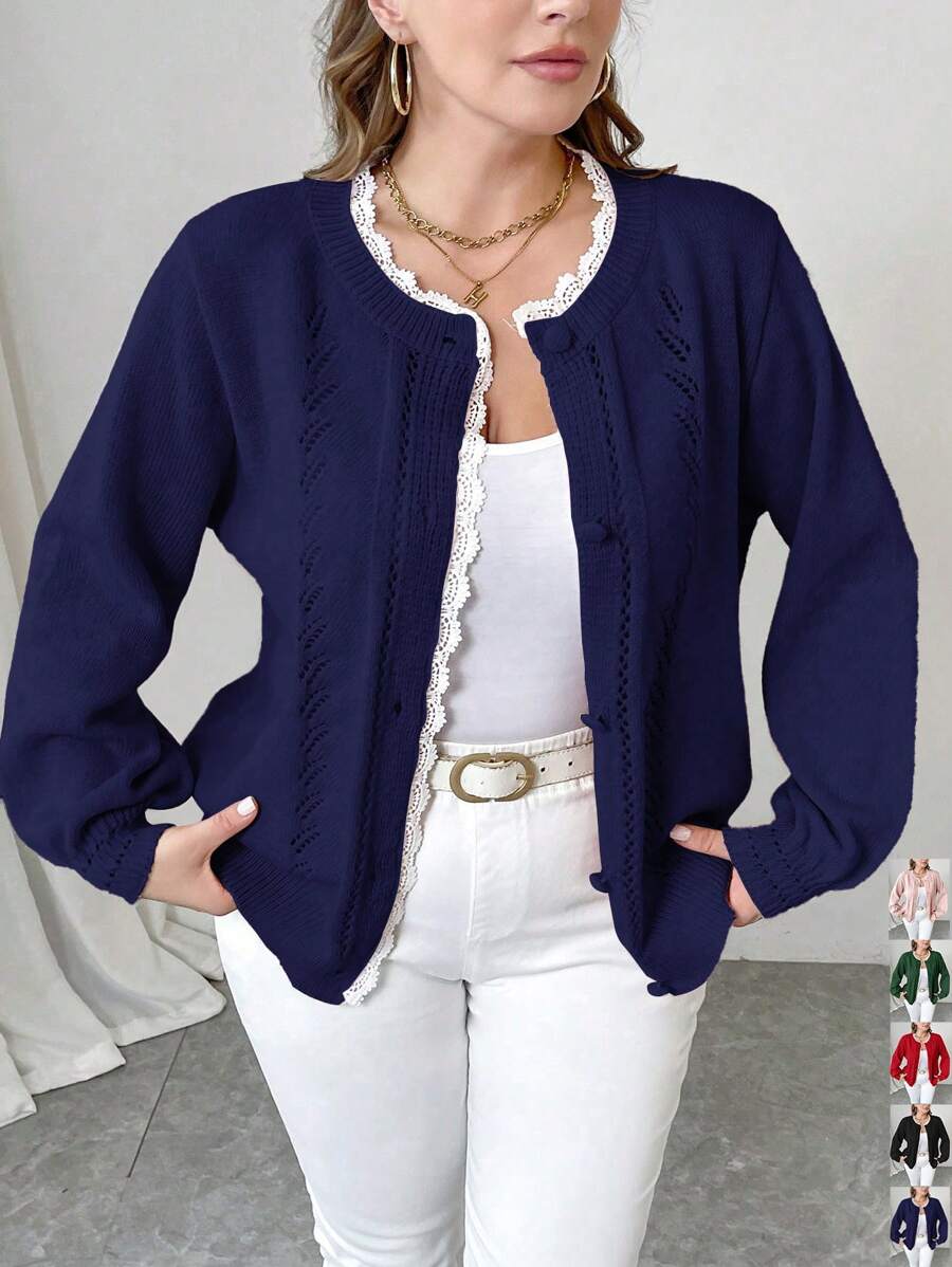 Celure Plus Size Women Solid Color Lace Loose Cardigan, Casual Autumn & Winter
