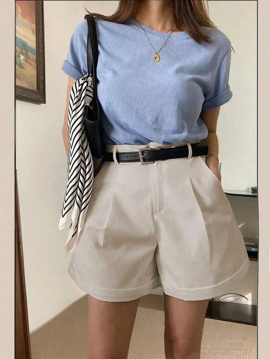 Chiquease Women's Solid Color A-Line Wide Leg Shorts For Daily Wear