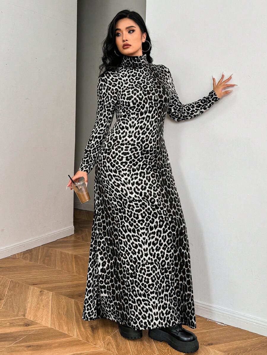 SHEIN EZwear Plus Size Women Dresses Winter,Long Sleeve Dresses Woman,Dress Party,Leopard Print Turtleneck Dress
