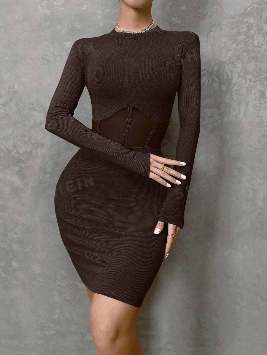 Allurite Vestido largo de manga larga con parche de malla colorida y ajustado, para el Día de San Valentín