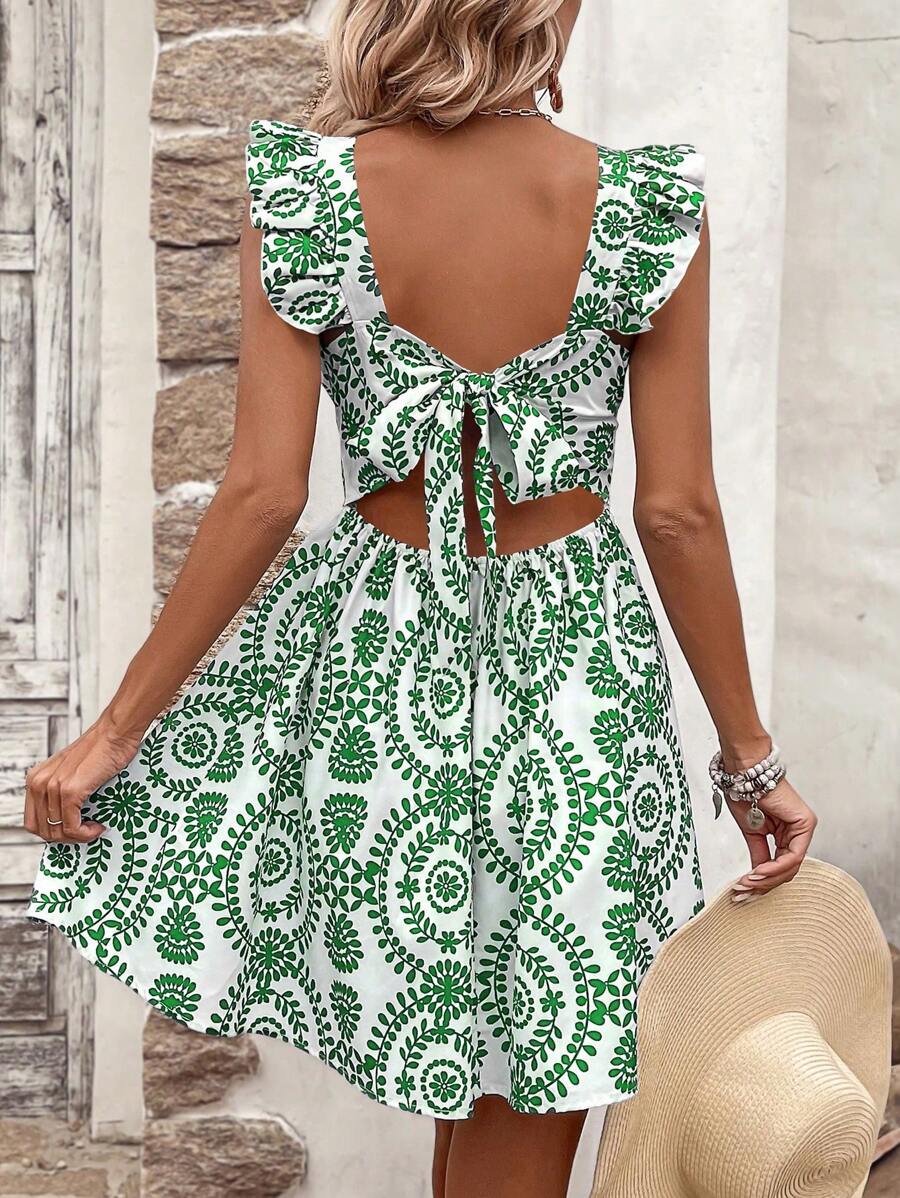 Breezaya Vestito da donna con spalline arricchite, stampa completa, fiocco sul retro, abito da spiaggia da vacanza