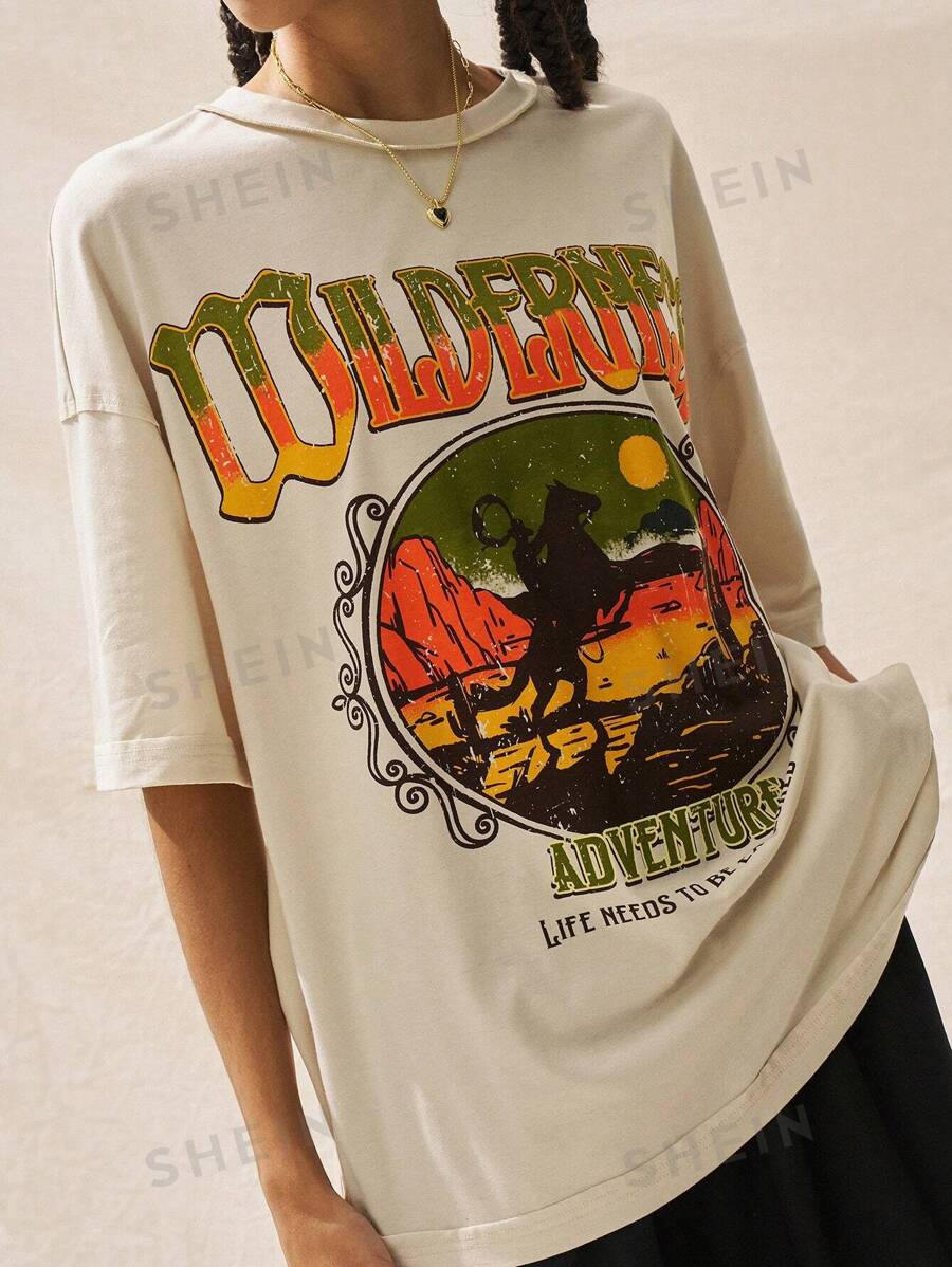 Easelle Camiseta holgada de manga corta de estilo informal y vintage en color caqui para mujer