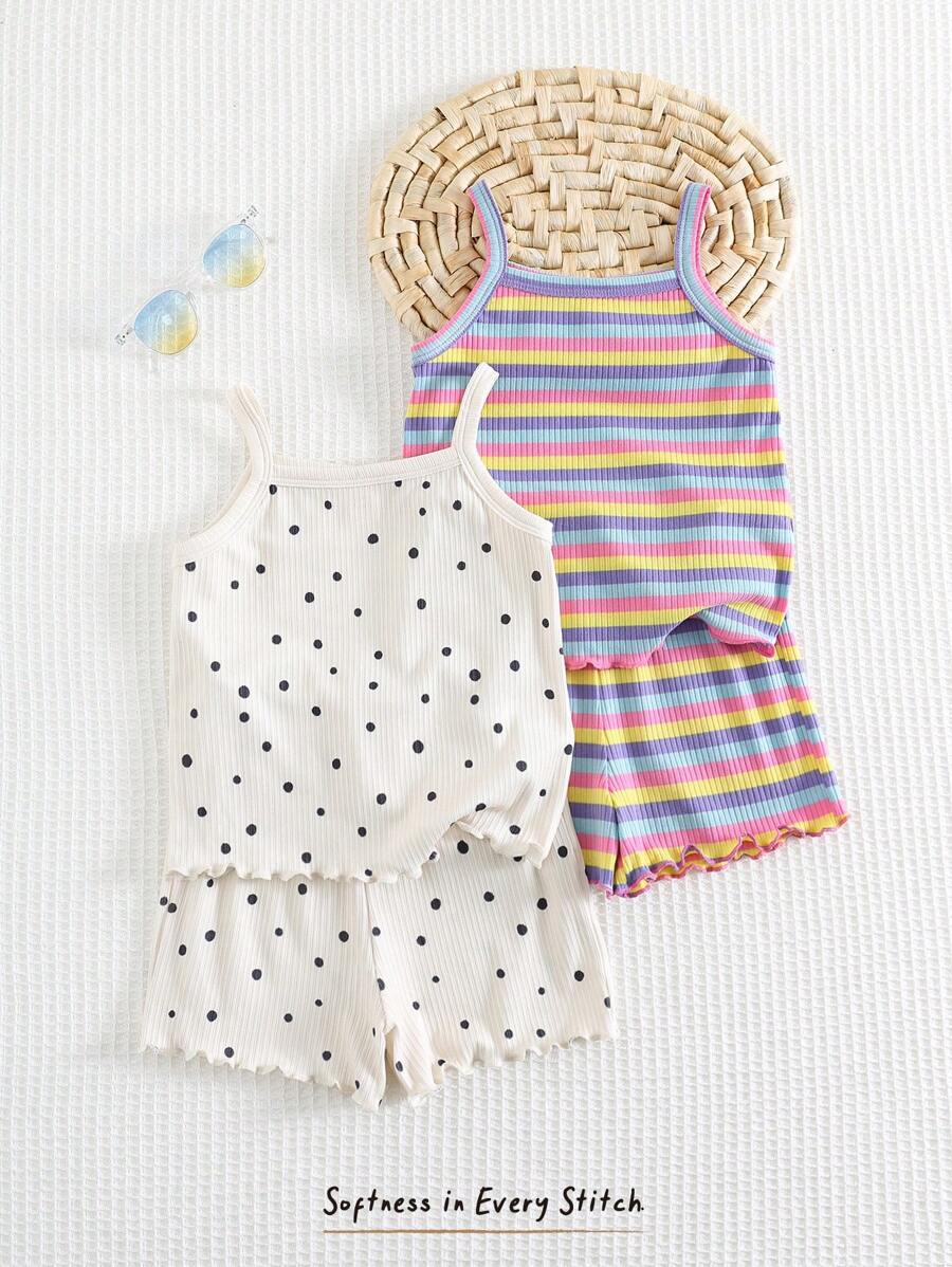 Cozy Pixies 4pcs/Set Baby Girl Valentine's Day Heart Polka Dot & Striped Knit Soft Camisole Top & Elastic Waist Shorts