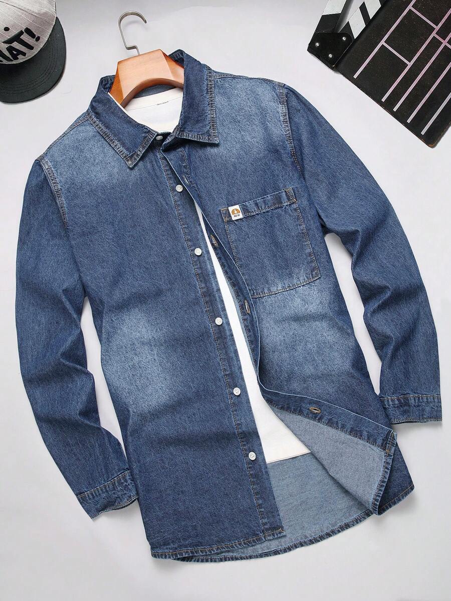 Manfinity Homme Plus Size Men's Casual Washed Long Sleeve Denim Shirt