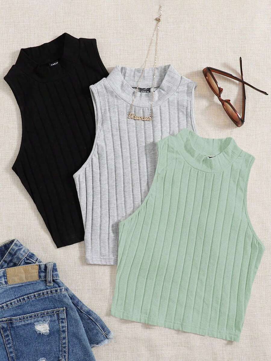SHEIN EZwear 3 Pack Mock Neck Rib-knit Tank Top