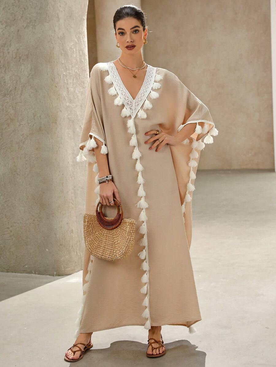 SHEIN Clasi Women's Casual Elegant Vacation V-Neck Floral Ruffle Decor Batwing Sleeve Dress, Ramadan Boho Music Festival