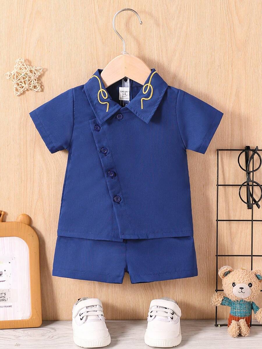 SHEIN 2pcs/Set Infant Baby Boys Spring/Autumn Button-Down Collar Shirt Top And Shorts, Casual Party Outfit, Embroidered Collar Design, Breathable Fabric, Suitable For Summer Ramadan, Vacation, Baptism, Birthday, 6 Months - 3 Years