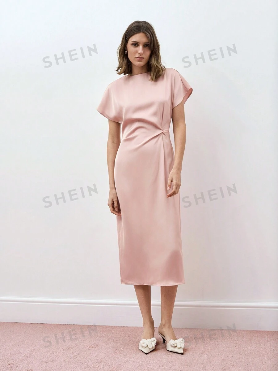Maija Vestido informal de corte ceñido midi con cuello redondo y manga corta, de unicolor, para mujeres, para ocasiones como el 4 de julio, São João, graduación y fiestas.
