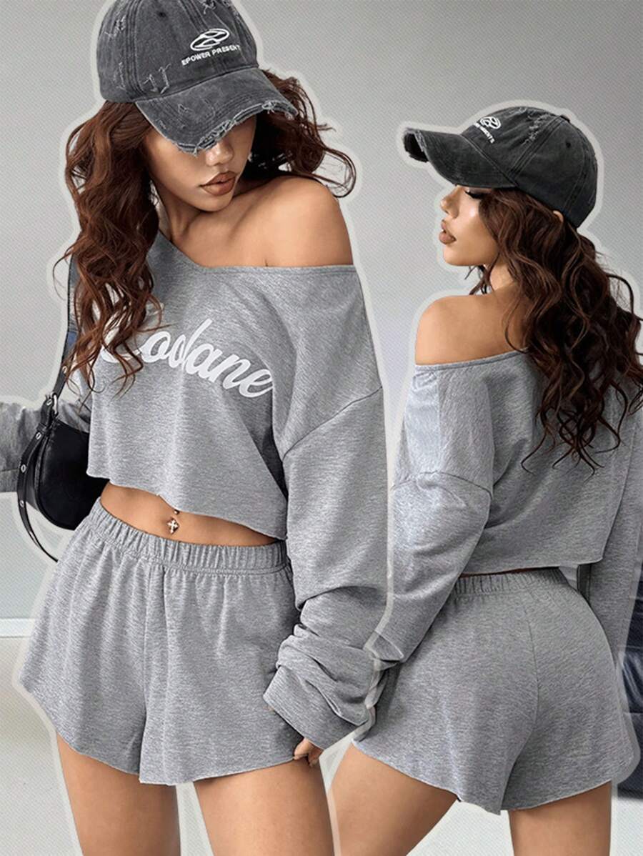 Coolane 2pcs/Two Pieces Women's Spring Fall Summer Daily Wear Athleisure Basic Knit Letter Print Comfortable Grey Over Size Asymmetrical Neck Long Sleeve Cropped Pullover Sweatshirt And Mid Rise Elastic Waistband Sweater Shorts Set