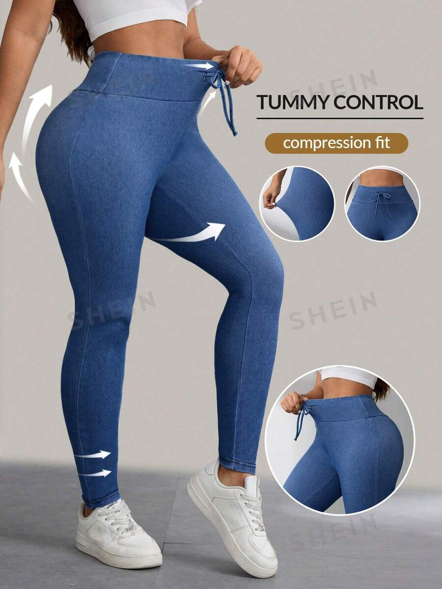 EMERY ROSE Jeans elásticos azules de punto entallados para mujer con cintura elástica y cordón, de moda y versátiles, aptos para primavera/otoño
