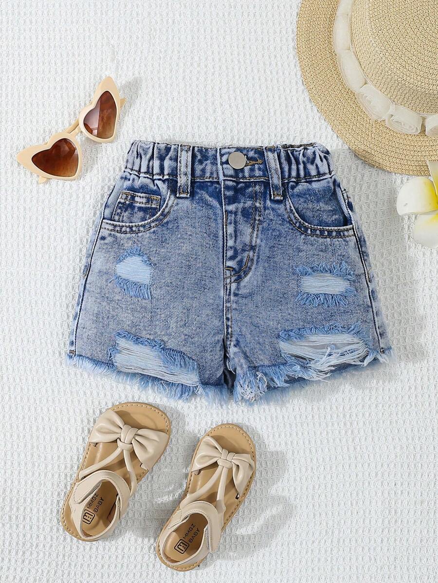 Baby Girl Fashionable Versatile Distressed Denim Shorts