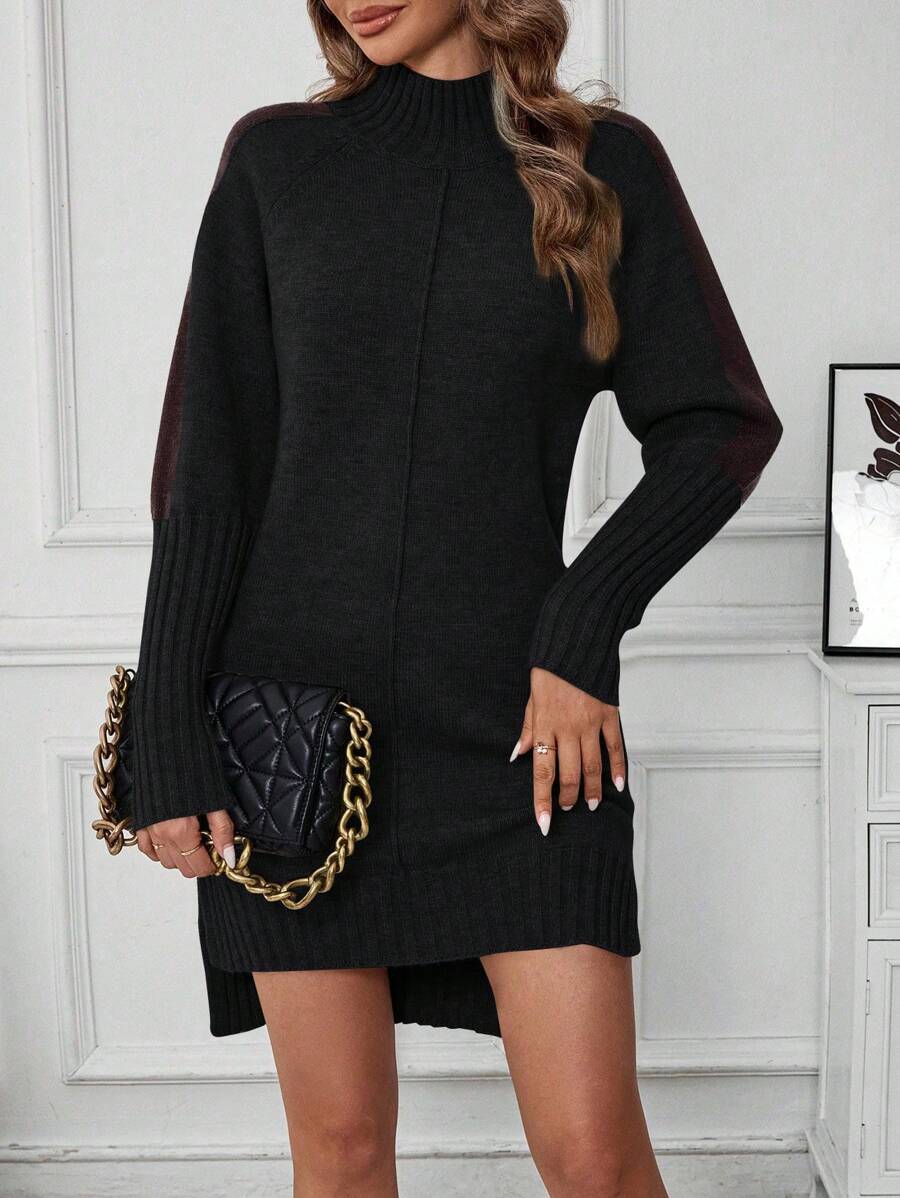SHEIN LUNE 2024 Autumn/Winter New Women's High Neck Pullover Thick Mid-Length Sweater Dress, Fitted Waist, Slit, Loose, Versatile