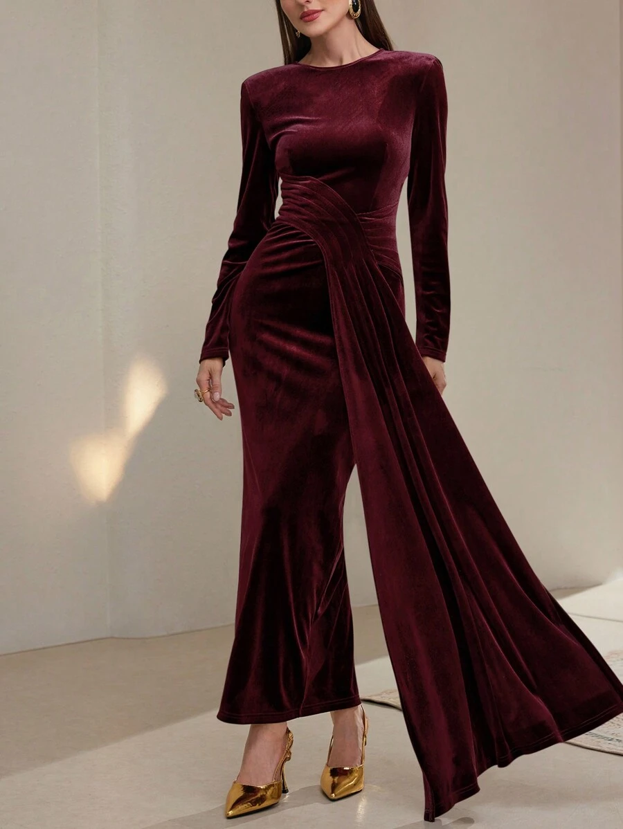 Modelyn Women's Elegant Floor-Length Solid Color Long Sleeve Dress With Flowing Detailing