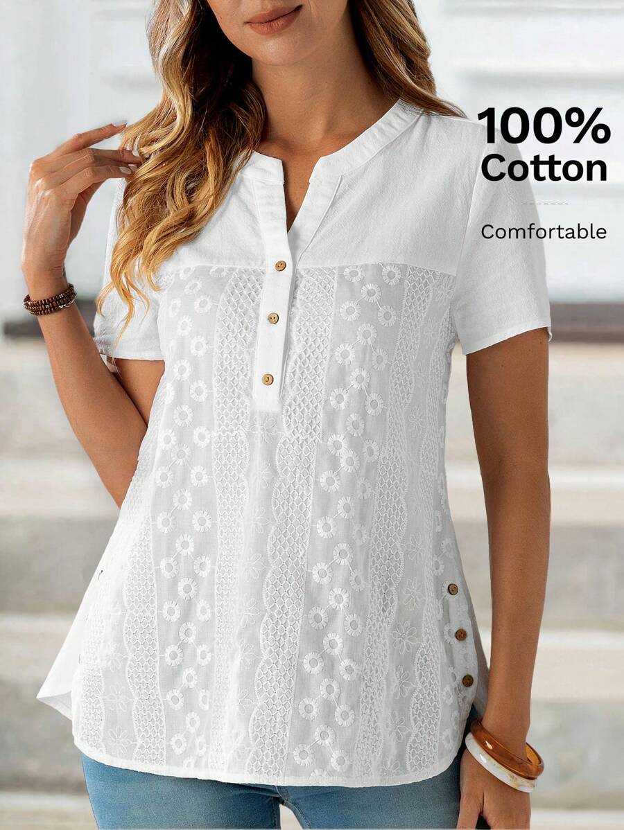 EMERY ROSE Camicia a maniche corte da donna in cotone estiva con scollo a V ricamato, top a maniche corte