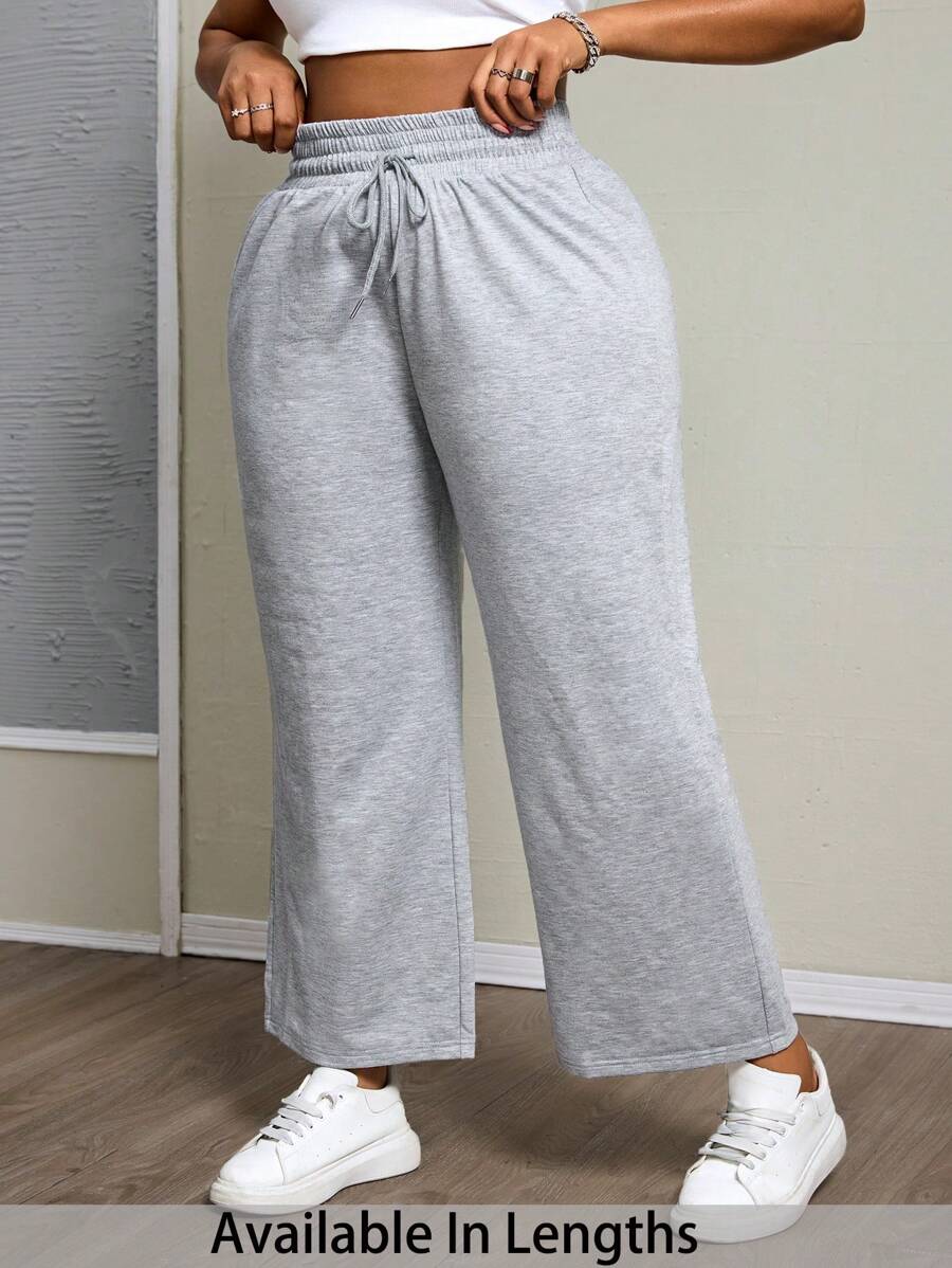 SHEIN PETITE CURVE Calça de moletom plus size cinza primavera sólida com cordão na cintura