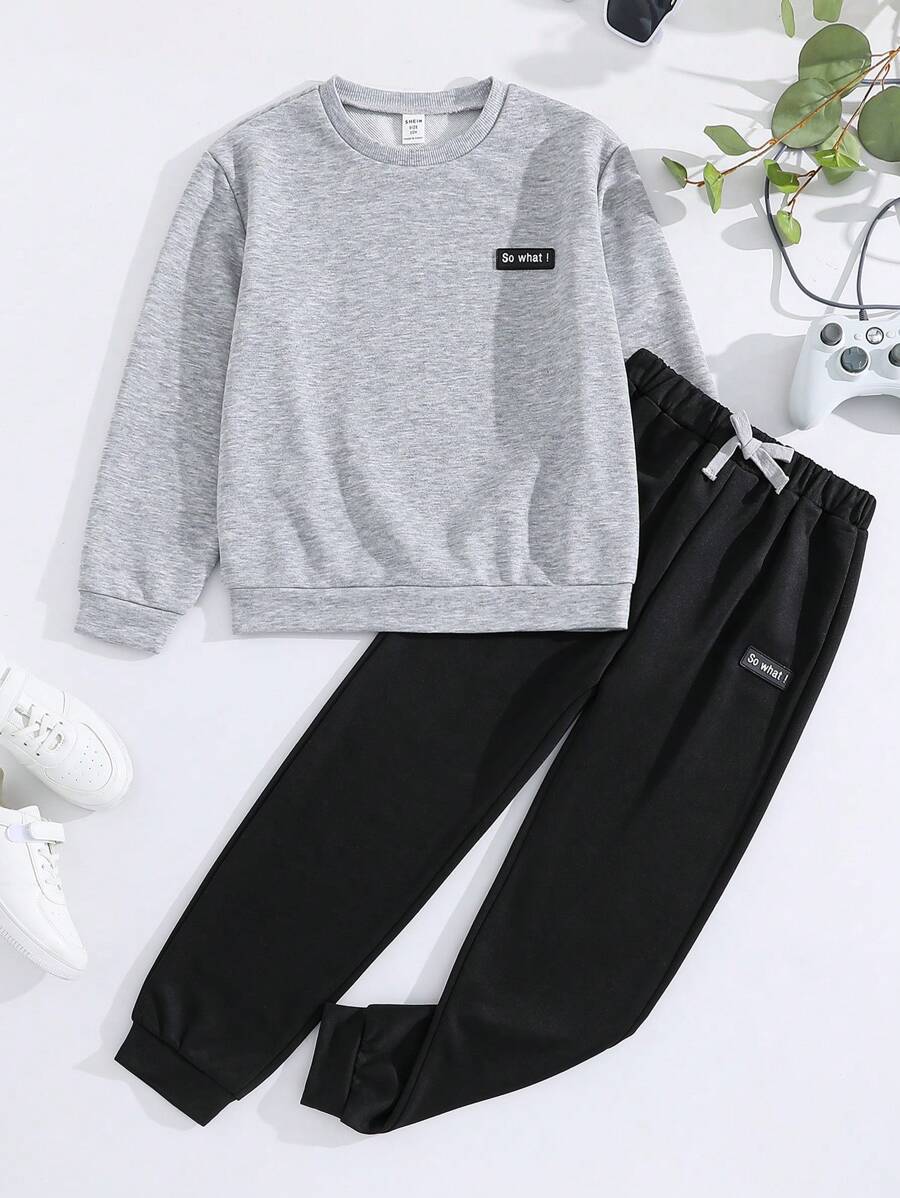 SHEIN Conjunto de 2 peças para meninos pré-adolescentes: blusa casual confortável cinza com gola redonda e manga comprida + calça preta