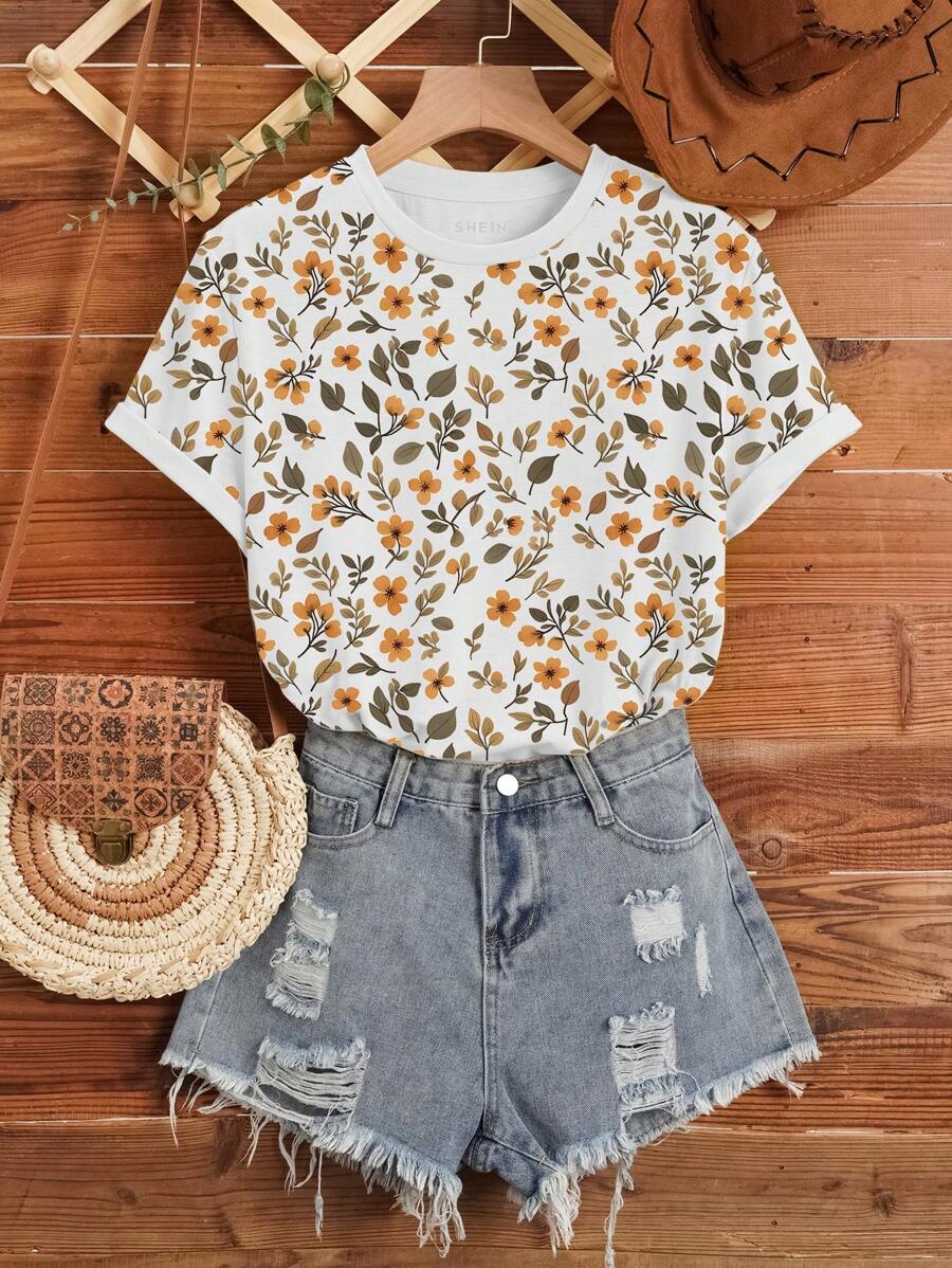 INAWLY Plus Size Women's Casual Short Sleeve Flower Print Round Neck T-Shirt, Summer Graphic Tees Women Tops