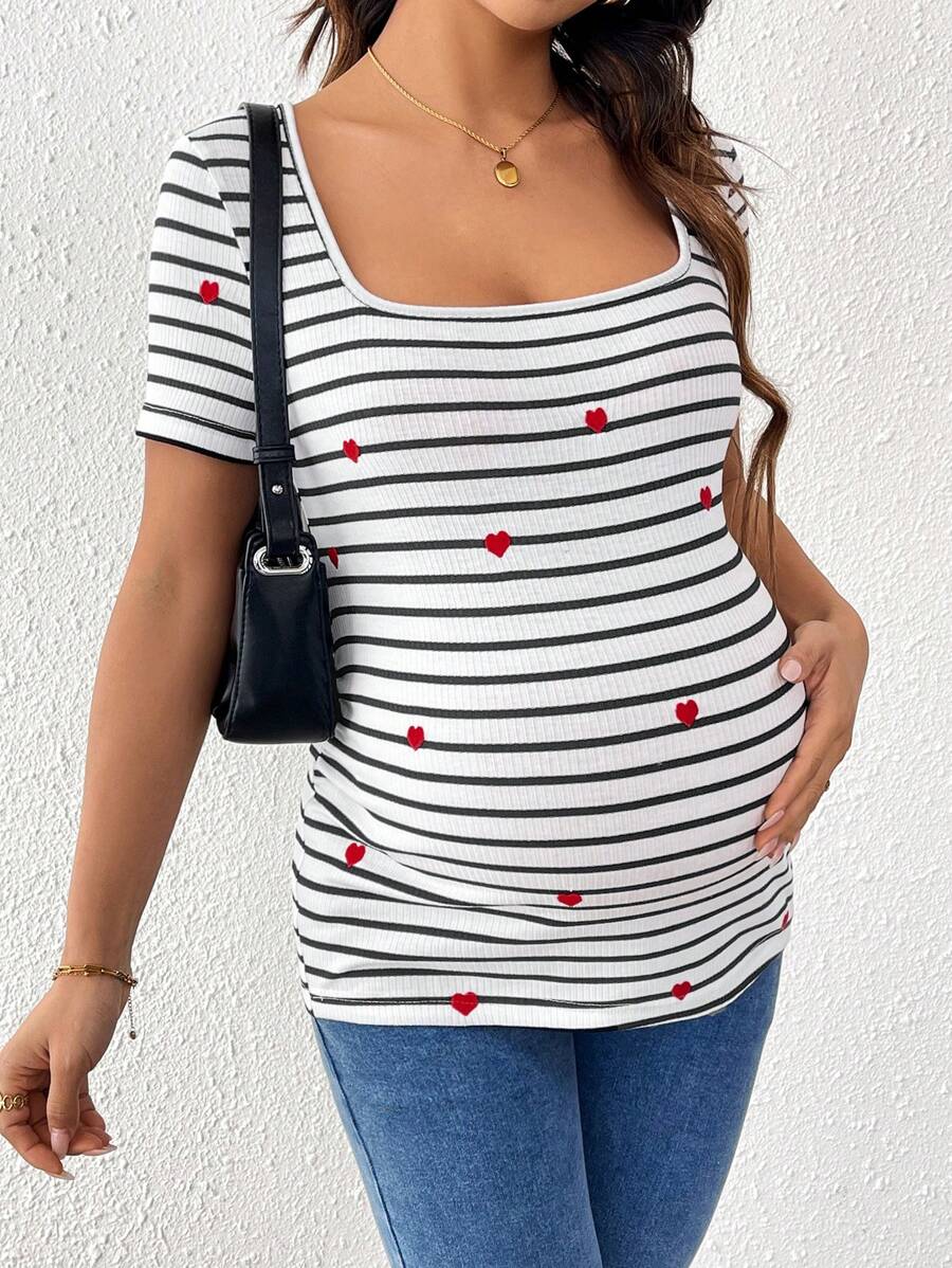 SHEIN Heart Embroidery Striped Fitted Maternity T-Shirt