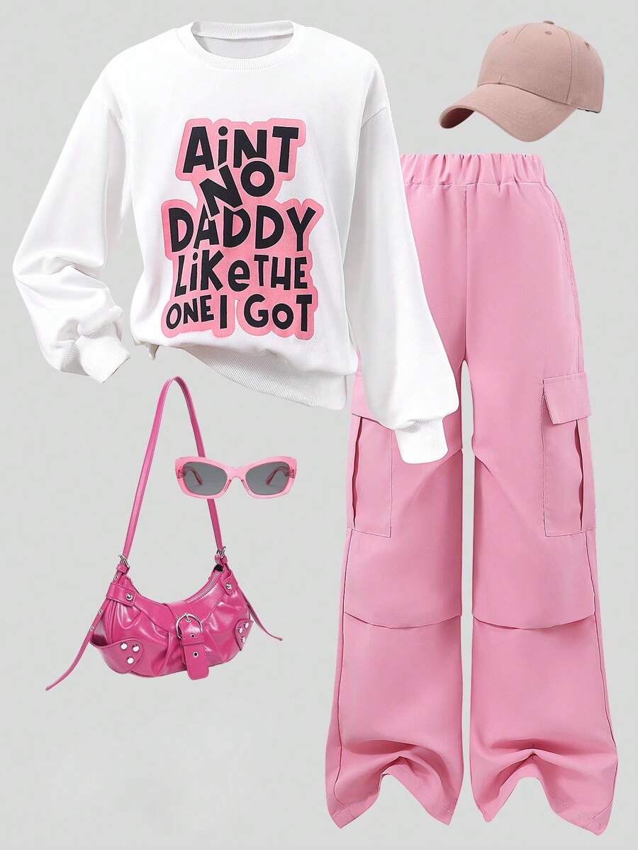 SHEIN 2pcs/Set Tween Girl Slogan Print Letter White Crew Neck Sweatshirt With Fashionable Casual Khaki Cargo Pants, Leisure Street Style