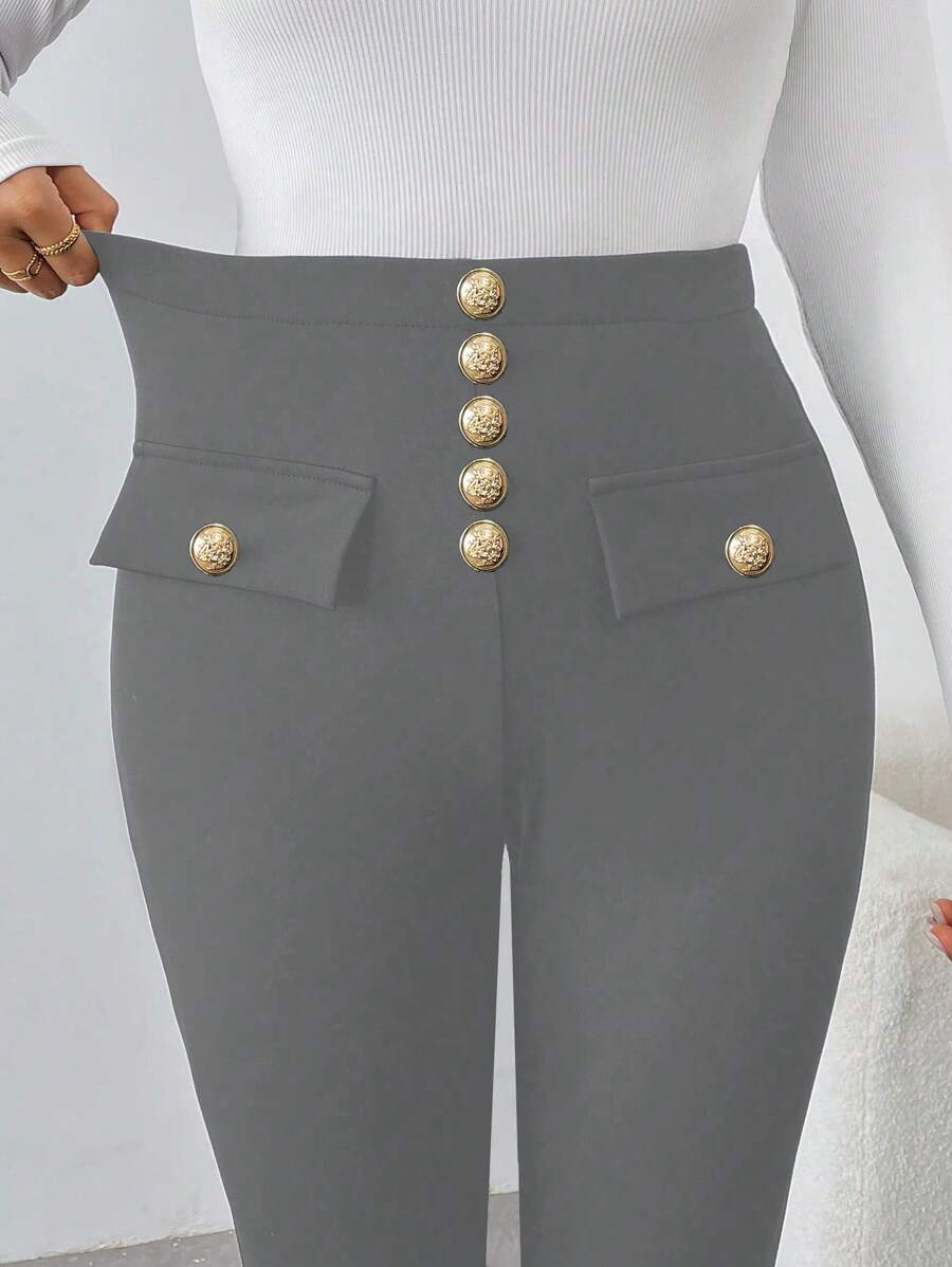 Chiquease Pantalones casuales sencillos y ajustados de unicolor con bolsillo y botones frontales para mujer