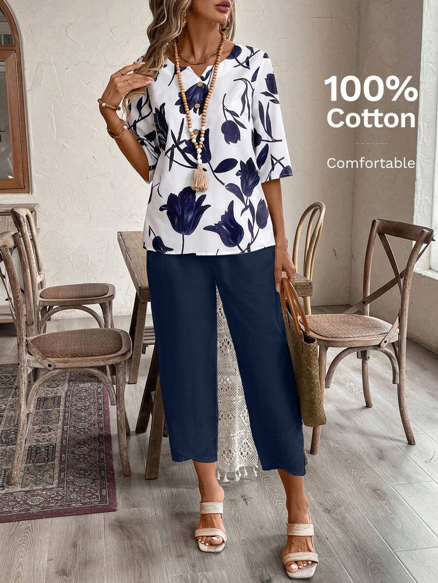EMERY ROSE Conjunto de camisa y pantalones de longitud hasta el tobillo con estampado floral para mujer