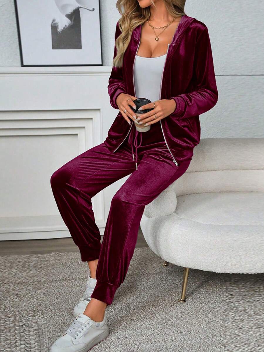 SHEIN LUNE 2pcs/Set Women Casual Hooded Velvet Long Sleeve Outfit, Autumn