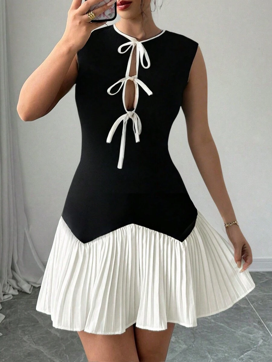 Calvaya Women's Color Block Pleated Tie Bow Sleeveless Mini Dress