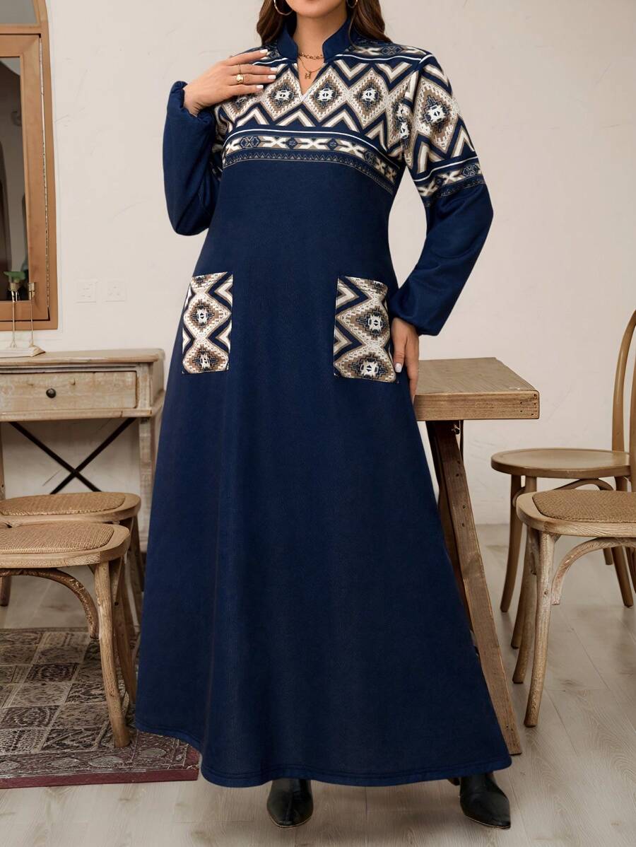 Mulvari Plus Size Autumn Casual Geometric Print Long Dress