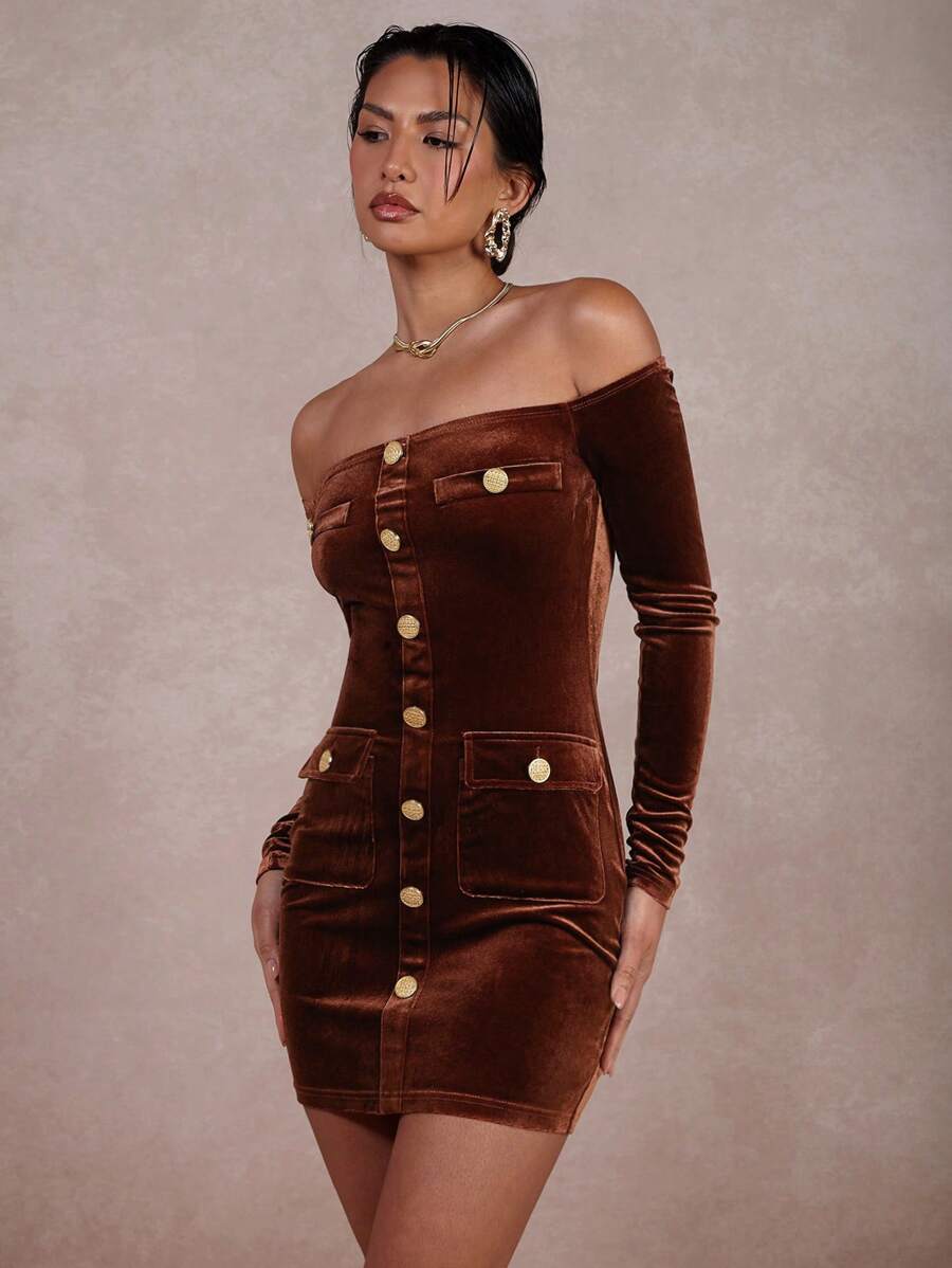 COSMINA Women Off Shoulder Long Sleeve Single-Breasted Fitted Mini Dress, Solid Color