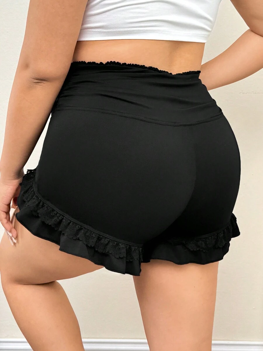 SHEIN ICON Plus Size Black High Waist Ruffle Trim Shorts For Summer