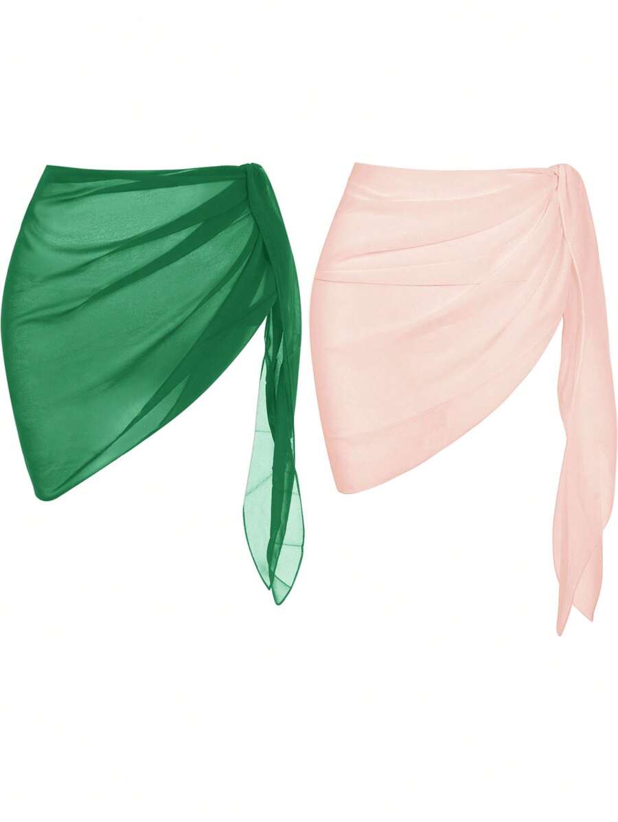 Swim Chiccia 2PCS Women's Solid Color Tie Front Casual Swimsuit Cover Up Skirt, For Summer Beach Vacation