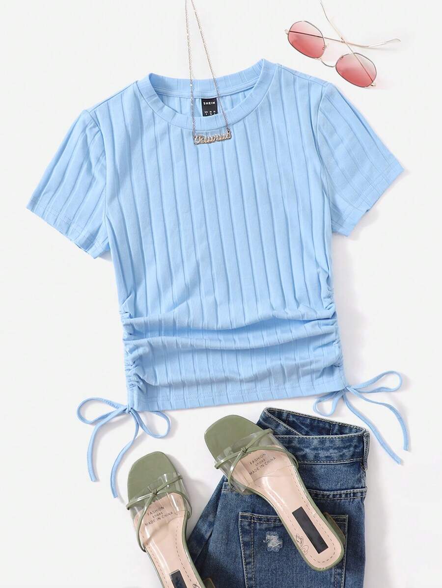 SHEIN EZwear تي شيرت محبوك مضلع برباط جانبي مكشكش