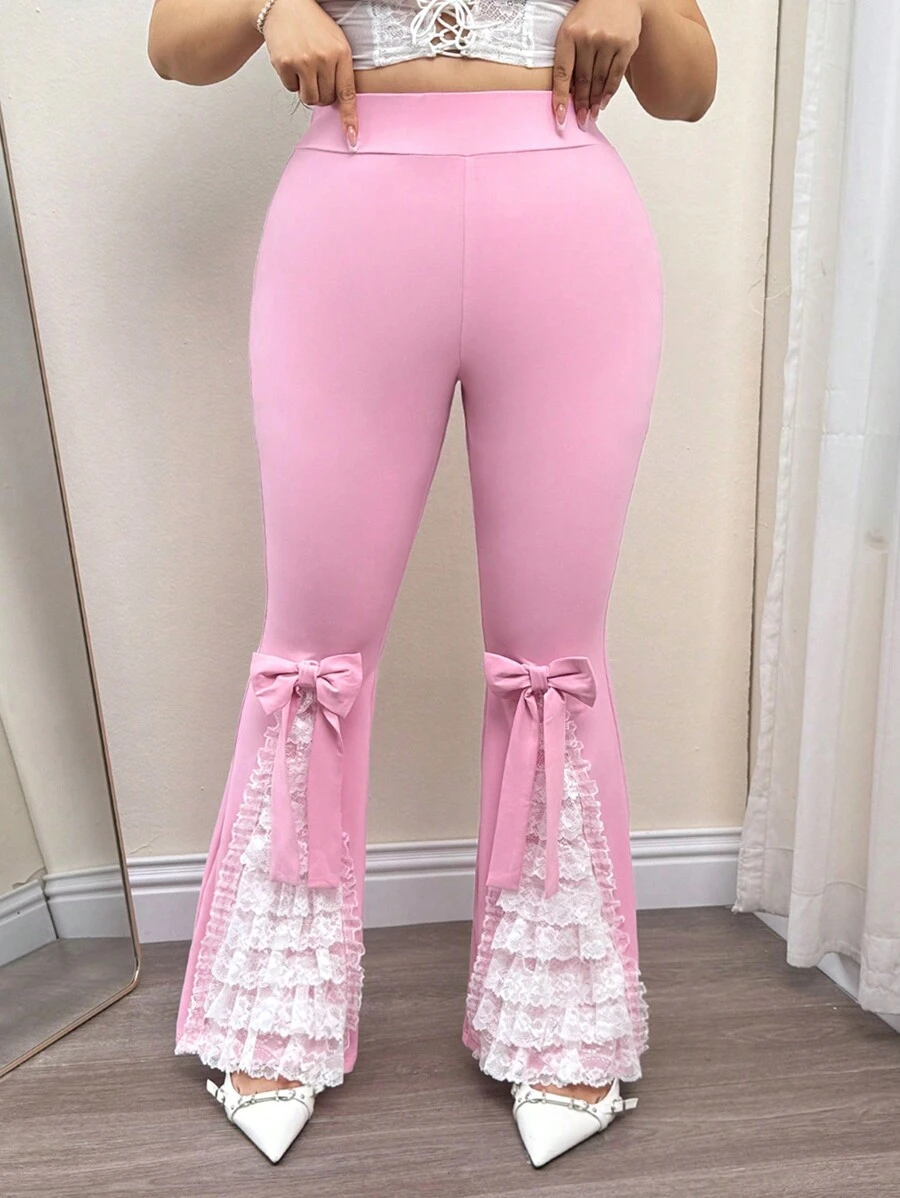 SHEIN ICON High Waist Split Lace Tiered Patchwork Bow Decor Bodycon Flared Wide Leg Pants