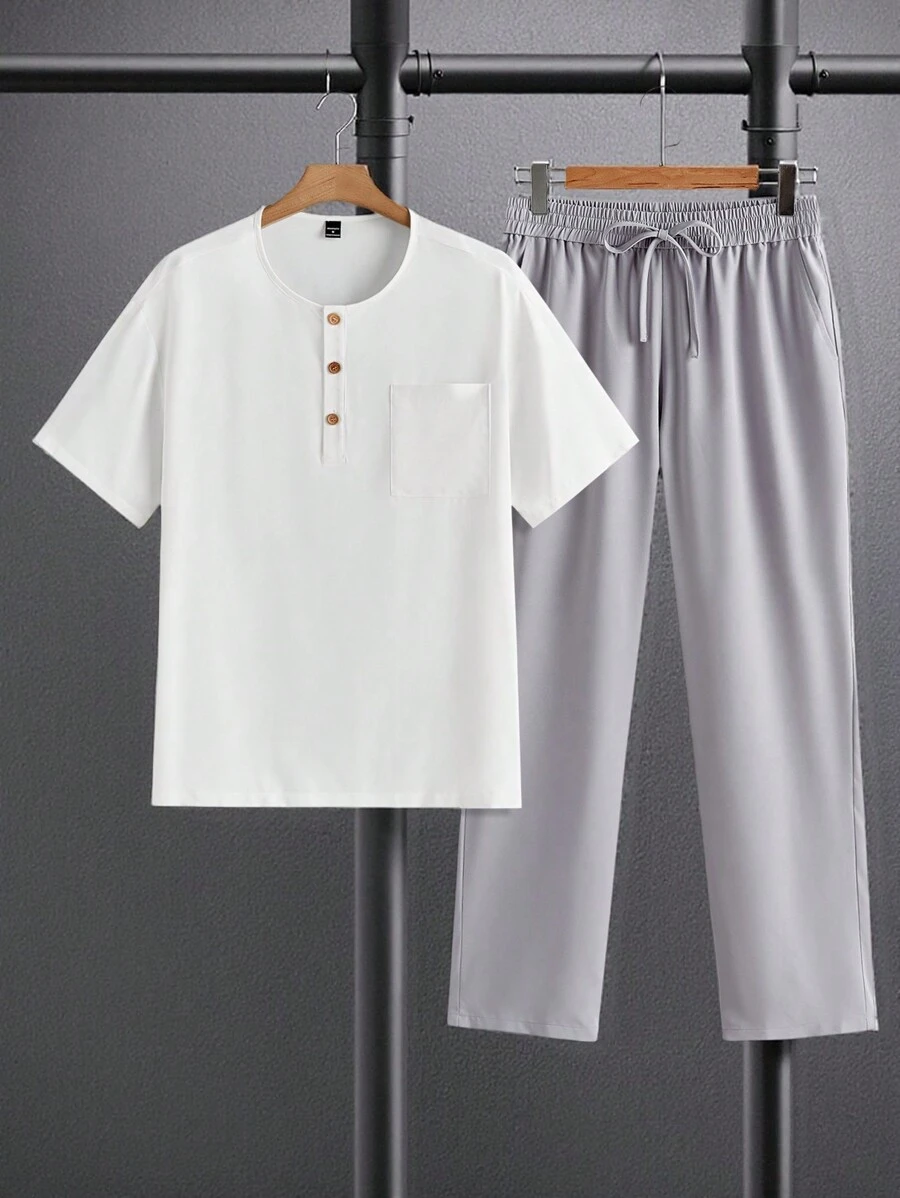 Manfinity RelaxMax Men's Casual Simple Fashion Shirt And Pants Set, Everyday Wear