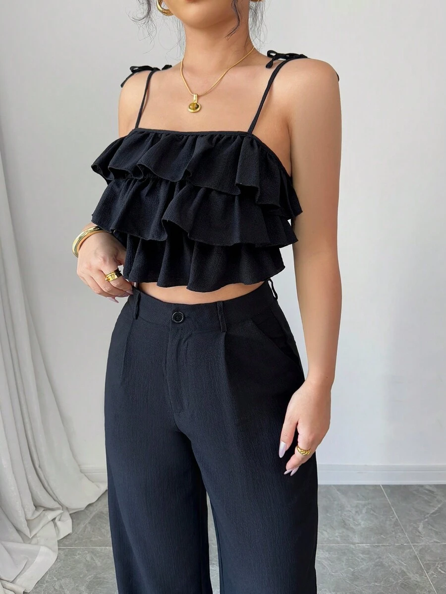 Modelyn 2 stuks/set dames geplooide camisole top en wijde pijpen broek