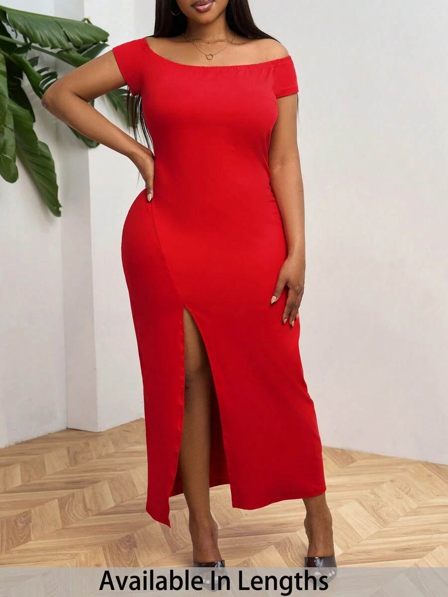 SHEIN PETITE CURVE Plus Size Off Shoulder Solid Color Dress, Simple Casual Everyday Style