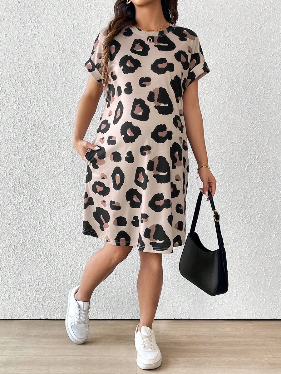 SHEIN Pregnant Women Leopard Print Batwing Short Sleeve Dress Maternity Dress