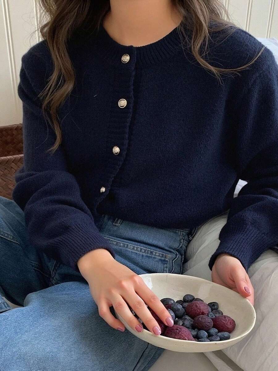 Dazy Petite Plus Solid Color Crew Neck Sweater Fitted Cardigan Jacket In Navy, Spring/Summer/Autumn