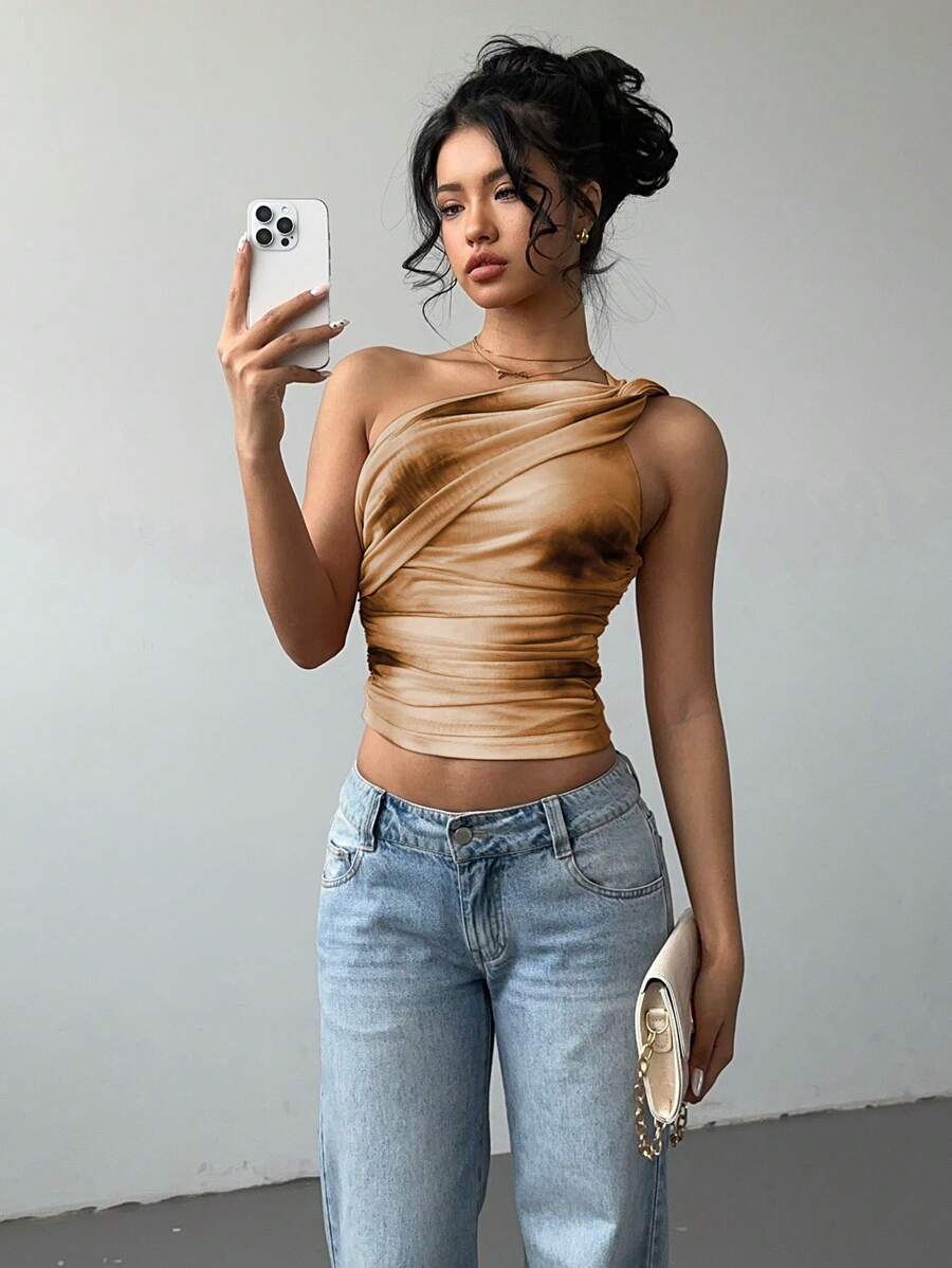 Aloruh Women's Stylish Sexy Gradient Print Mesh Ruched Tie-Front Crop Top, Y2K Clothing Cold-Shoulder Sleeveless Blouse